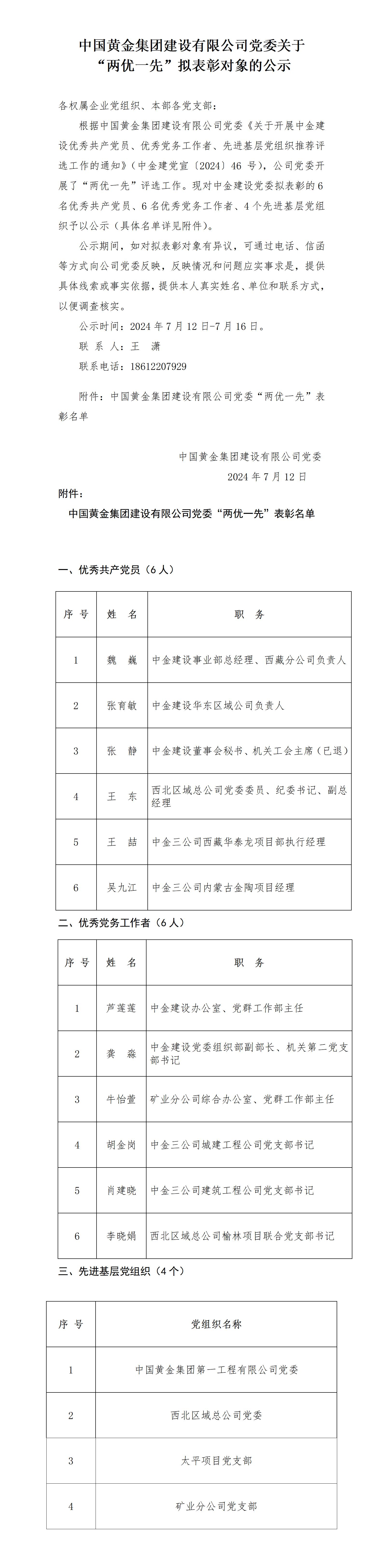 中国黄金集团建设有限公司党委关于2023年度 “两优一先”拟表彰对象的公示